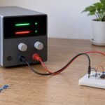 可変直流電源からブレッドボードの電子回路へ給電している作業机