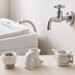 洗濯機用蛇口の前に複数形状の給水ジョイントを並べたイメージ