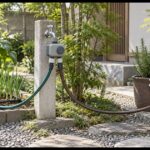 庭の蛇口から菜園と鉢植えへ2本のホースを延ばした自動散水のイメージ