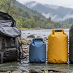 川辺に大きさの異なる防水バッグと登山用ザックを並べた様子