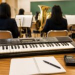 吹奏楽部の合奏練習で電子キーボードを使っている様子