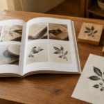 木版画の入門書と版木、彫刻刀、ばれんを机に並べた様子