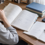 複数の技術書と電卓を机に広げて資格試験を勉強する人