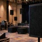 会場に設置されたPAスピーカーとミキサーのイメージ