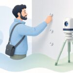 屋外で反射ターゲットを設置して3Dスキャンする様子をイメージしたイラスト