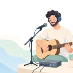 アコースティックギターを自宅で録音する様子をイメージしたイラスト