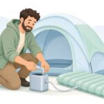 エアマットにポンプ変換ノズルを付ける様子をイメージしたイラスト