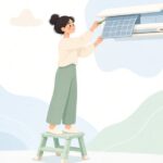 エアコンのエアフィルターを固定クリップで留める様子をイメージしたイラスト