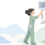 吸引ポンプでエアコンのドレン詰まりを解消する清掃業者の様子をイメージしたイラスト