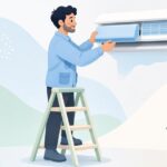 エアコンのドレンパンを交換する様子をイメージしたイラスト