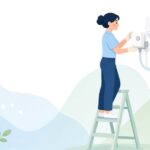 エアコンにドレンポンプを取り付ける様子をイメージしたイラスト