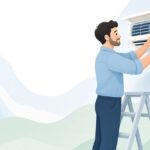 エアコンのルーバー駆動ギアを交換する様子をイメージしたイラスト