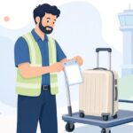 手荷物に防水ラベルホルダーを取り付けるグランドハンドリング作業員の様子をイメージしたイラスト
