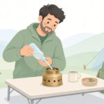 アルコールストーブにノズルで燃料を入れる様子をイメージしたイラスト