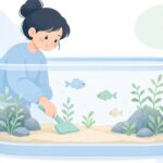 水槽の底砂を平らにならすアクアリウム作りをイメージしたイラスト