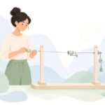 サービングツールで弓の弦を巻く職人の様子をイメージしたイラスト