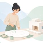 サークルカッターで円形を切り出す建築模型製作の様子をイメージしたイラスト
