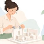 建築模型の部材をクランプで固定する様子をイメージしたイラスト