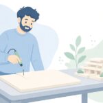 スチレンボードを切って建築模型を作る様子をイメージしたイラスト