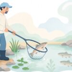 管理釣り場でラバーネットを使ってトラウトをすくう様子をイメージしたイラスト