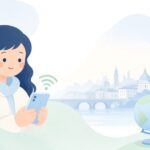 海外でスマホのデータ通信を使う様子をイメージしたイラスト
