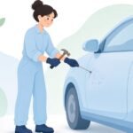 ノックダウンツールで車のへこみを修理する様子をイメージしたイラスト
