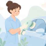 車の窓ガラスをフェルトパッドで磨く様子をイメージしたイラスト