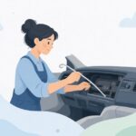 配線ガイドで車のダッシュボード裏に配線を通す電装整備の様子をイメージしたイラスト