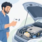 赤外線温度計で車のエンジン温度を測る様子をイメージしたイラスト
