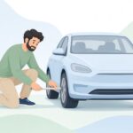 トーインゲージで前輪の向きを測る様子をイメージしたイラスト