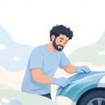 ラップグローブを着けて車の曲面にフィルムを貼る施工の様子をイメージしたイラスト