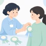 イベントで表彰用ロゼットを準備して胸に付ける様子をイメージしたイラスト