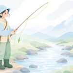 鮎釣りで竿先の蛍光リリアンを確認する様子をイメージしたイラスト