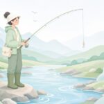 鮎釣りでリリアンジョインターを使って道糸をつなぐ様子をイメージしたイラスト