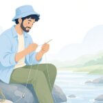 鮎釣りでハナカン通しを使って仕掛けを準備する様子をイメージしたイラスト