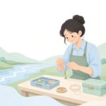鮎釣りで鼻カン結び糸を使って仕掛けを作る様子をイメージしたイラスト