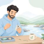 鮎釣りでPE編み込み糸を仕掛けに使う様子をイメージしたイラスト