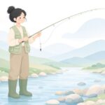鮎釣りで竿先の回転リリアンに道糸を結ぶ様子をイメージしたイラスト