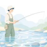 川で鮎の友釣りをする様子をイメージしたイラスト
