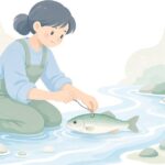 鮎の友釣りで背バリを付ける様子をイメージしたイラスト