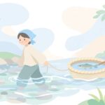 川で曳舟を引きながら鮎の友釣りをする様子をイメージしたイラスト
