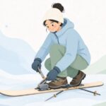 マルチツールでビンディングを補修するバックカントリースキーヤーの様子をイメージしたイラスト