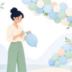 バルーン結び器で風船を結ぶ装飾スタッフの様子をイメージしたイラスト
