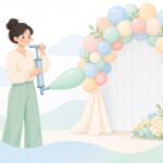 ハンドポンプでバルーンを膨らませる装飾職人の様子をイメージしたイラスト