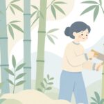 竹林で竹を鋸で切る様子をイメージしたイラスト