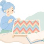 本を見ながらバルジェロ刺繍をする様子をイメージしたイラスト