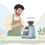 コーヒーブラシでグラインダーを清掃するバリスタの様子をイメージしたイラスト