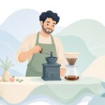 手挽きコーヒーミルで豆を挽くバリスタの様子をイメージしたイラスト