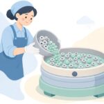 バレル研磨機で部品をまとめて磨く作業をイメージしたイラスト