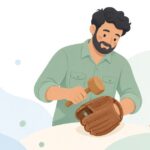 グラブハンマーで野球グラブを整形する職人の様子をイメージしたイラスト